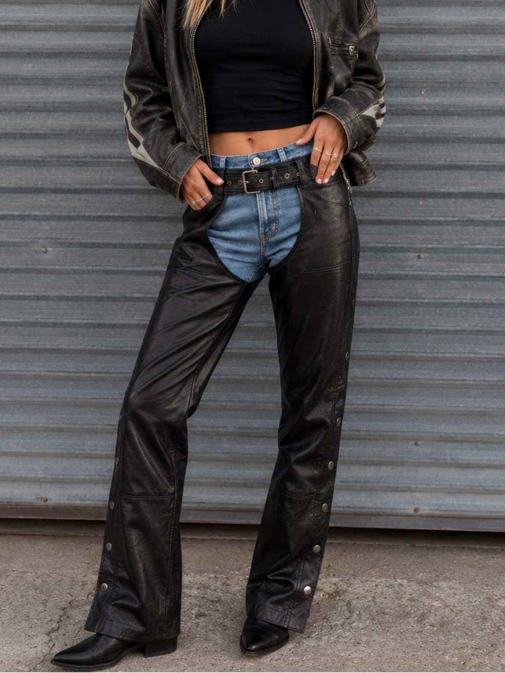 Leather King Black Genuine Leather Motorcycle Chaps Size Small Biker Riding